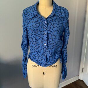 ZARA Women's Floral Long Sleeve Lapel Shirt Ruched Button Up Elastic Sleeve M